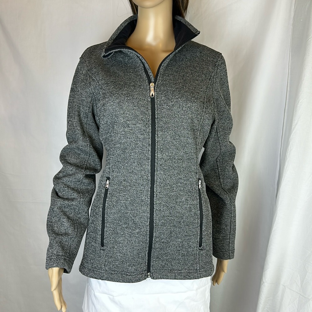 SPYDER Fleece Lined Sweater Jacket. Zip front & Pockets. Heather Black. Size LG.